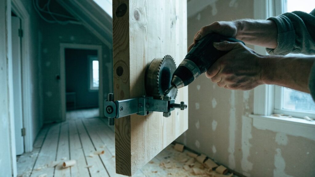 Hands holding a drill and hole saw against a self-centering jig clamped to the edge of a wooden door