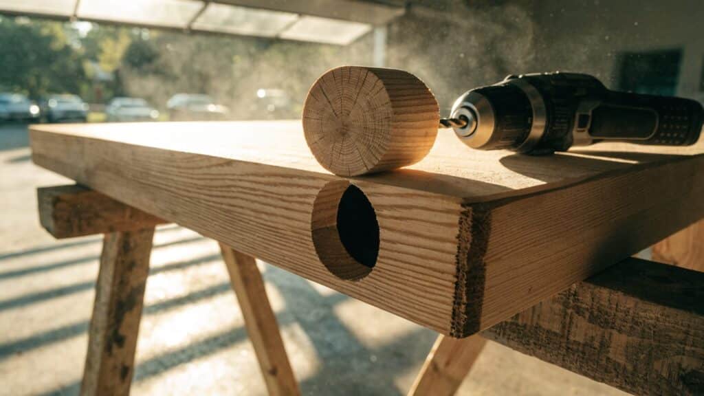 A freshly cut round deadbolt bore in a door lying on sawhorses, the drill resting alongside
