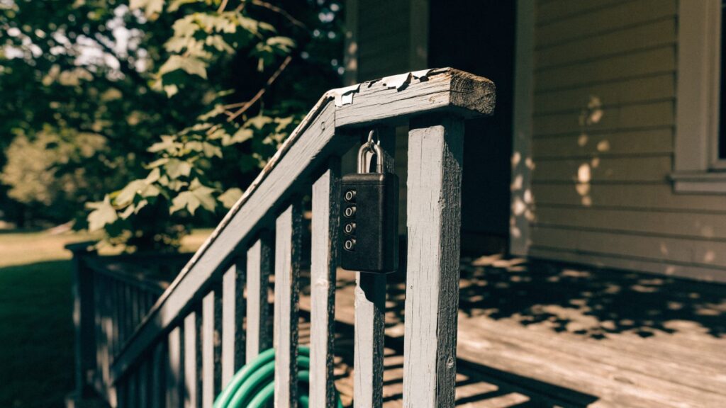 Black combination key lockbox hanging from a weathered wooden porch railing above a coiled garden hose
