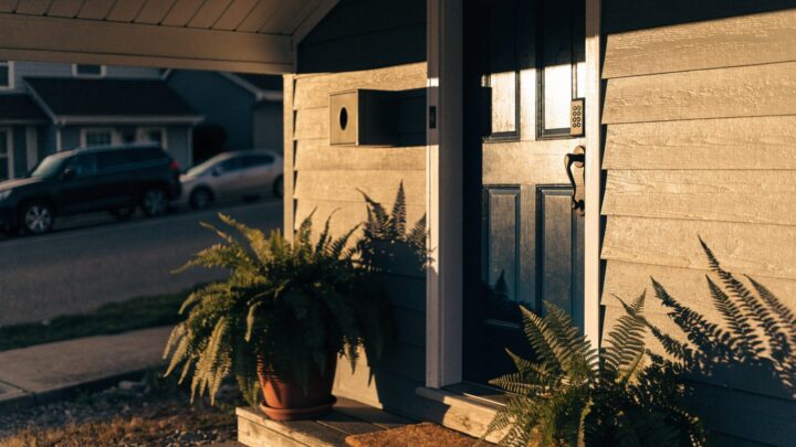 Keypad deadbolt on a rental cottage front door with a wall-mounted key safe beside the frame