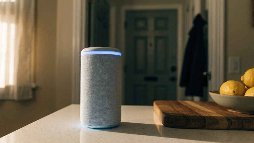 A cylindrical fabric smart speaker on a kitchen counter with a front door visible through the doorway