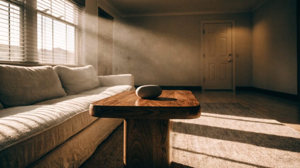 Empty open-plan living room in late afternoon light with a small speaker on a side table