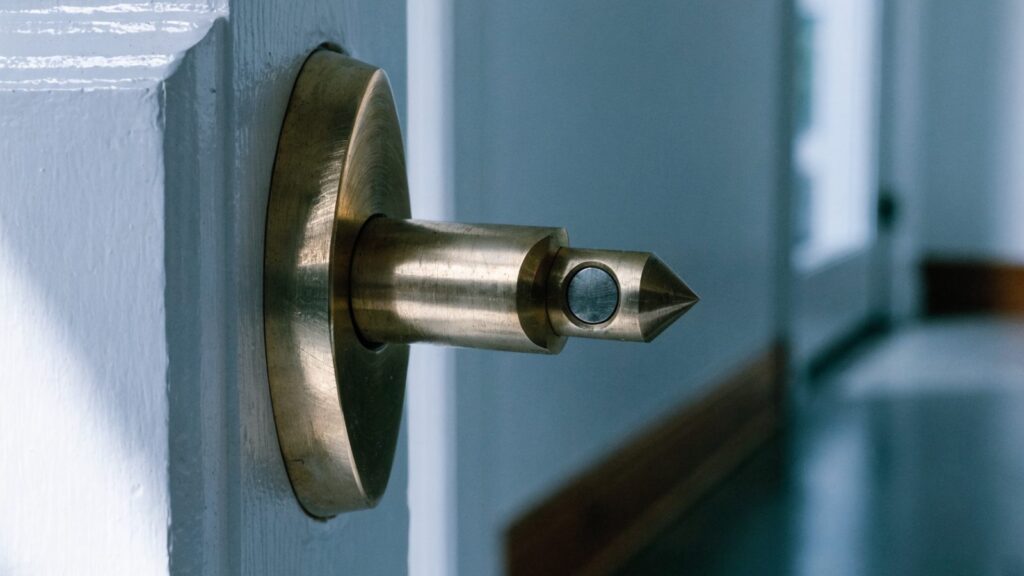 Close-up of a brass deadbolt thrown from a door edge with a hardened roller pin visible in the bolt body.