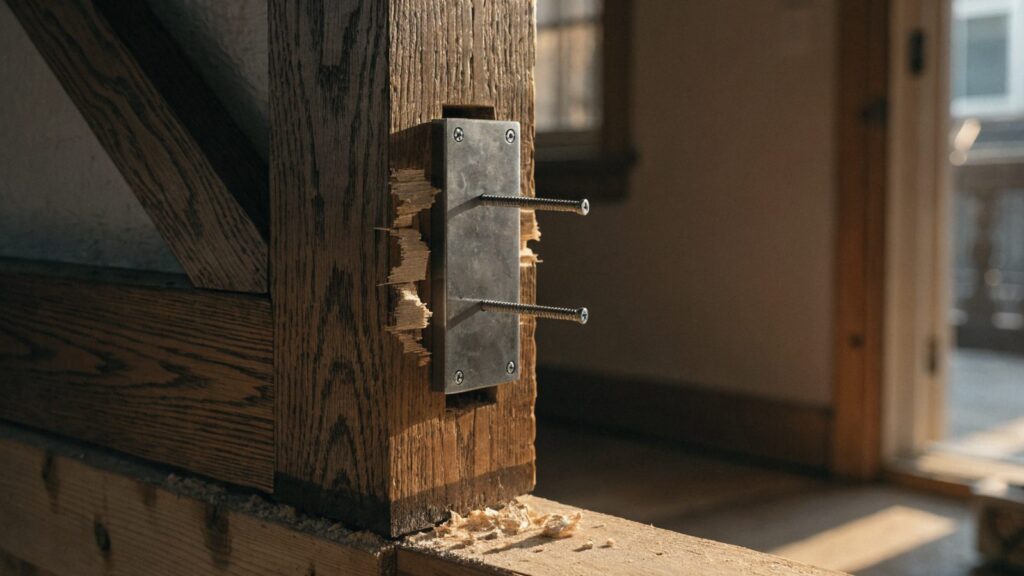 Reinforced box strike plate fixed into a door jamb with long screws beside the splintered old screw holes.