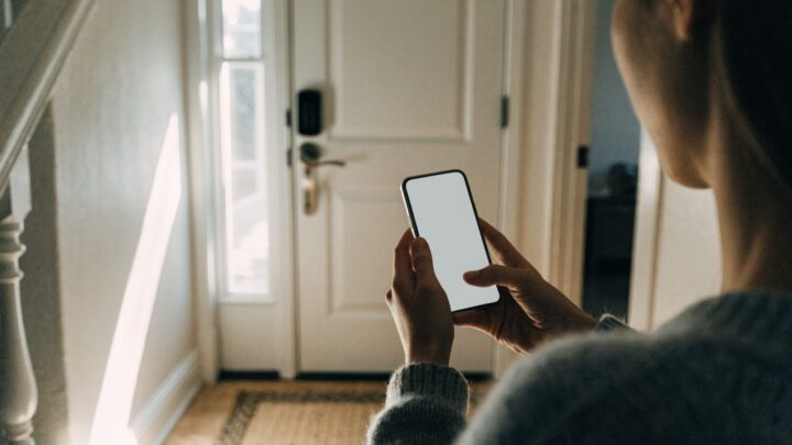 Holding a phone in a sunlit hallway facing a front door fitted with a keypad smart deadbolt