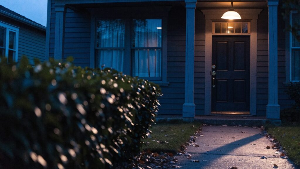 Front door of a suburban house at dusk seen from the sidewalk, porch lamp lit and curtains drawn