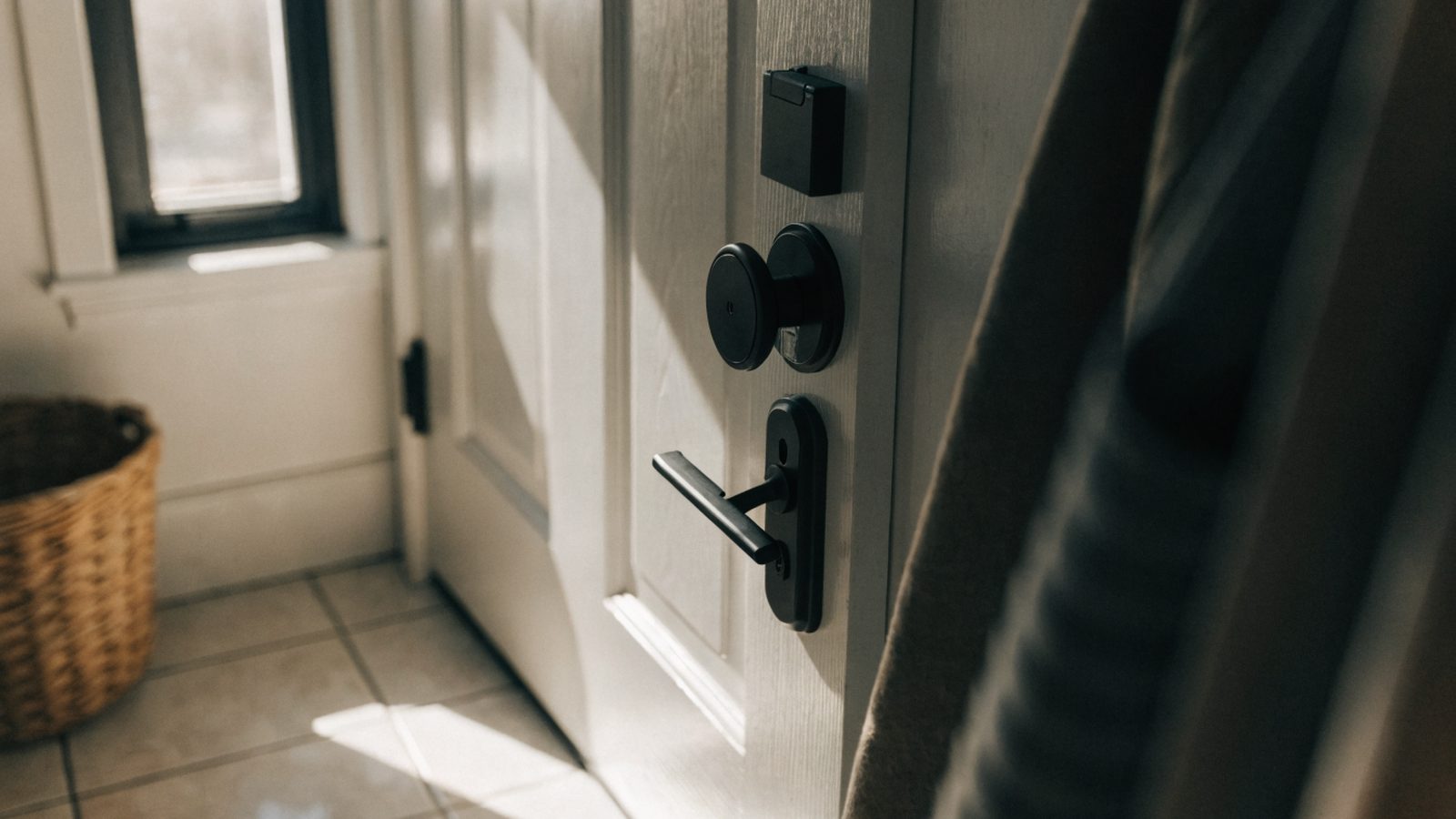 A black smart deadbolt on the inside of a white mudroom door in bright morning light