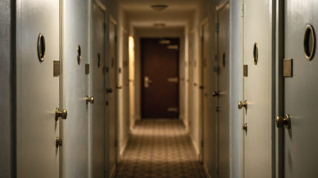 Carpeted apartment corridor lined with identical plain doors and peepholes receding under flat ceiling lights