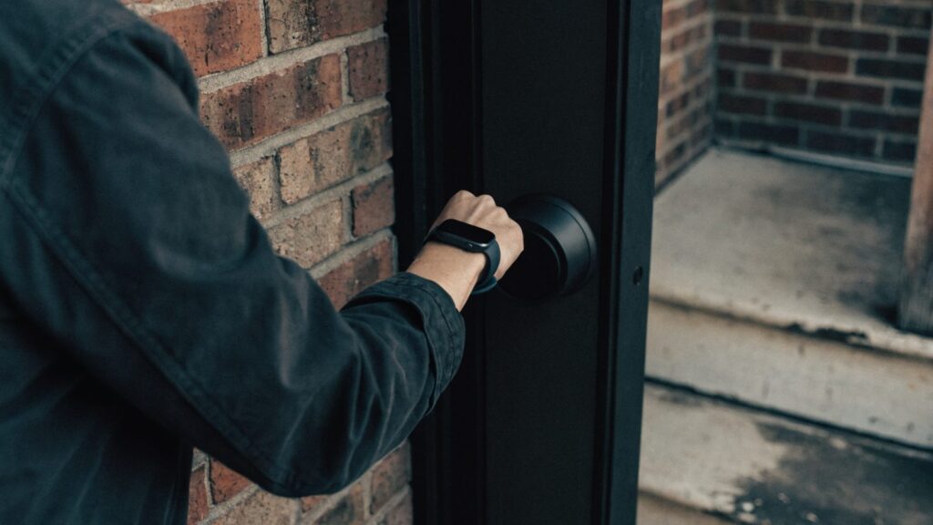 A person raises their wrist and smartwatch to the outer face of a matte black door lock on a brick porch