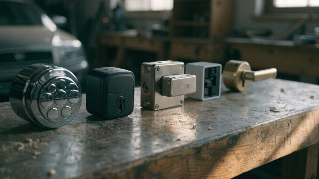 Five different door lock bodies laid out in a row on a scarred wooden workbench in morning light