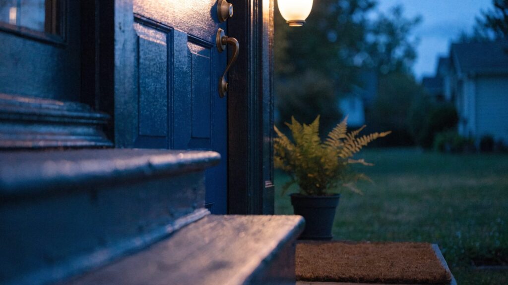 Suburban front porch at dusk with a warm lamp lighting a painted door and its brass hardware