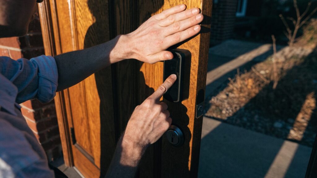 A person shades a door lock with one cupped hand while pressing the keypad with the other in bright sun