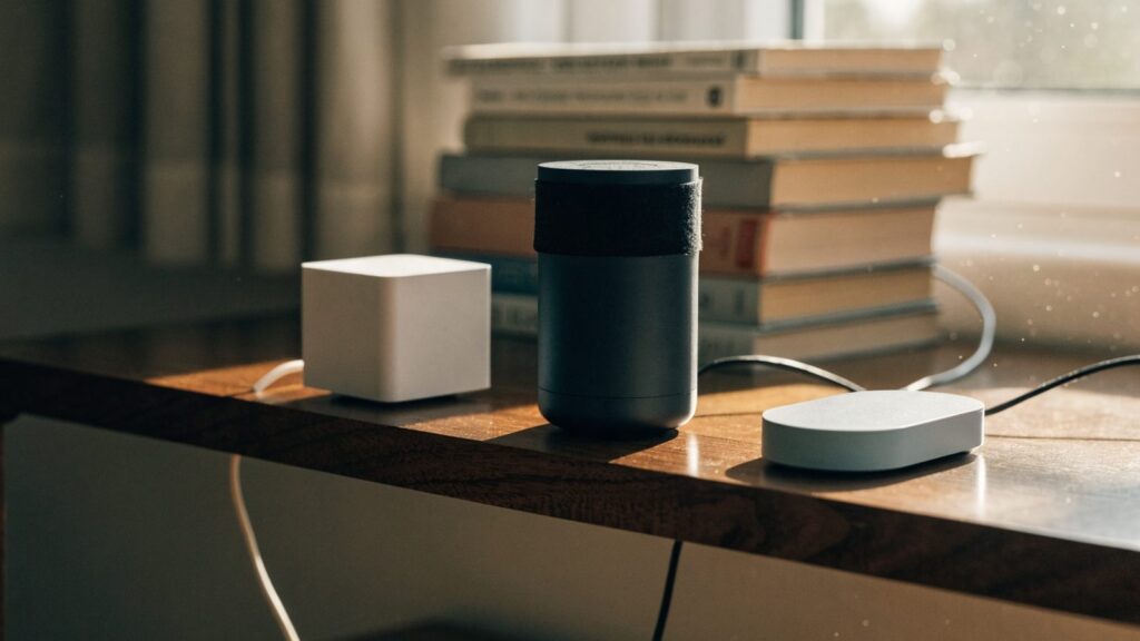 Three plain matte smart home devices from different makers grouped together on a wooden living room shelf