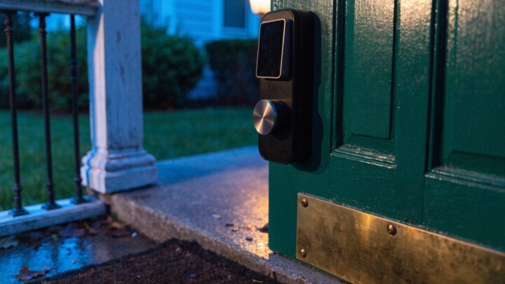 A matte black keypad smart deadbolt on a green front door at dusk