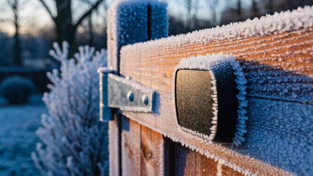 A frost-covered keypad lock on a weathered cedar garden gate at sunrise, ice crystals on the metal