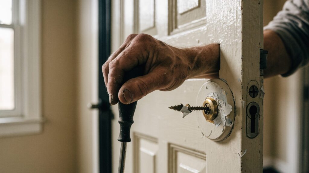 A hand with a screwdriver slipping out of a chewed screw head on a painted deadbolt escutcheon