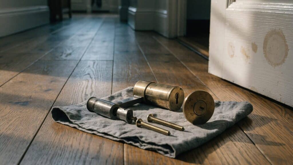 Two halves of an old brass deadbolt laid on a cloth beside a door showing pale marks where it sat