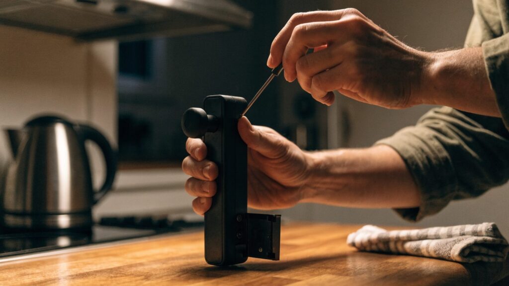 Hands steadying a small screwdriver against a pinhole on the underside of a smart lock body on a kitchen counter