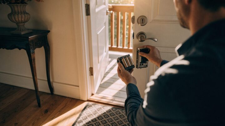A man lifting the battery pack out of a keypad deadbolt at an open front door in morning light