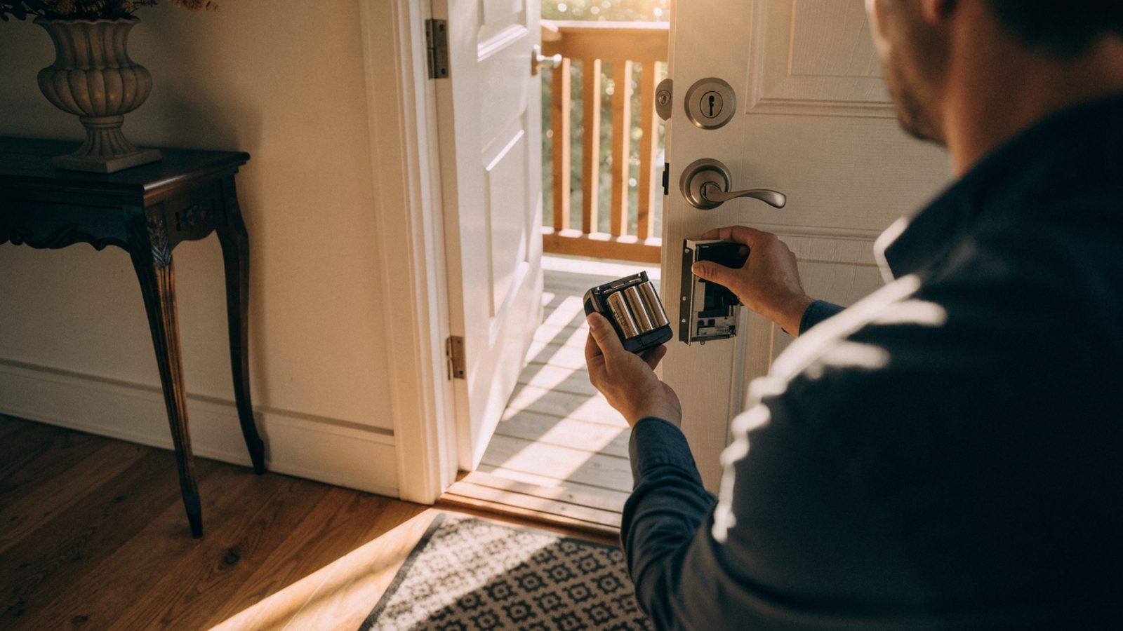 A man lifting the battery pack out of a keypad deadbolt at an open front door in morning light