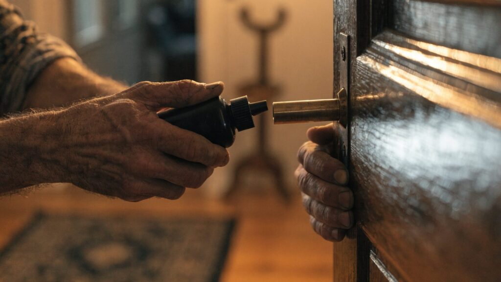 Hands holding a graphite puffer bottle beside an extended deadbolt on a dark stained wood door edge