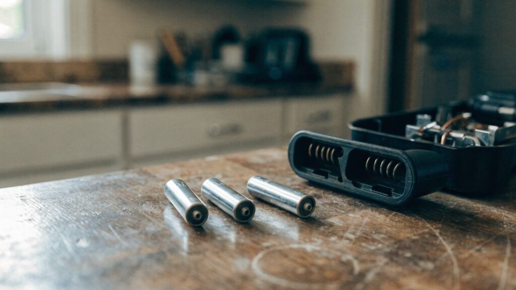 Four AA batteries on a kitchen counter beside an empty battery tray removed from a smart lock