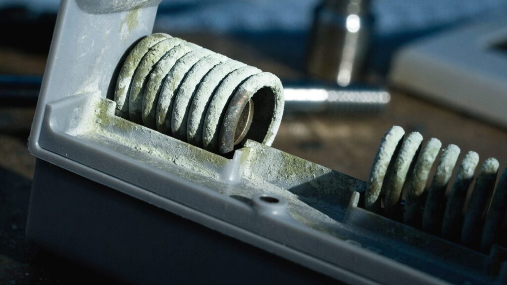 Macro view of pale green corrosion crusted on the battery spring terminals inside a lock cover
