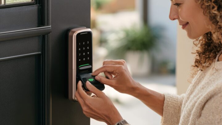 Opening the battery cover of a keypad smart lock on a dark front door