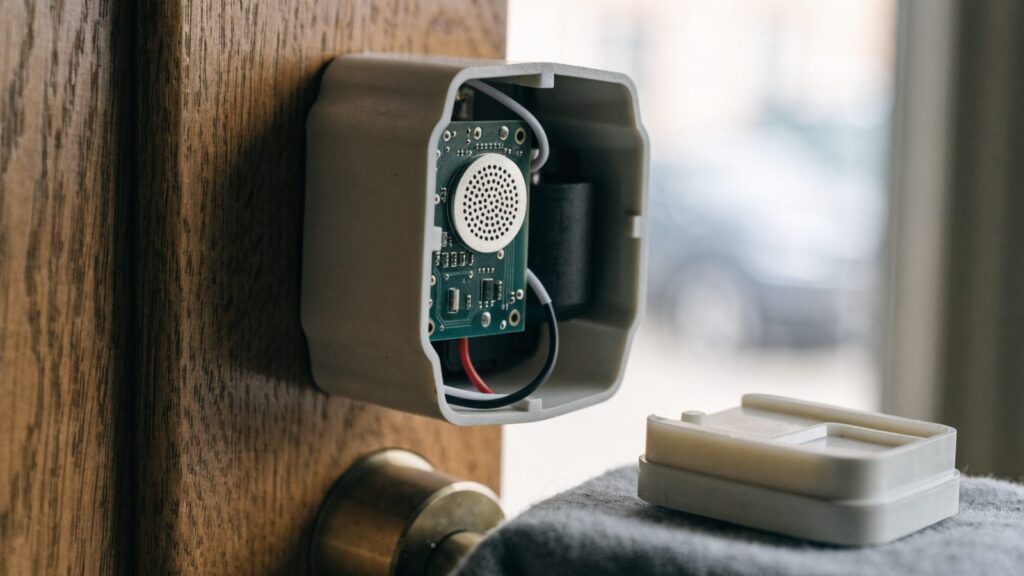 Interior cover of a smart deadbolt removed, exposing a small speaker grille and a bare indicator LED on the board