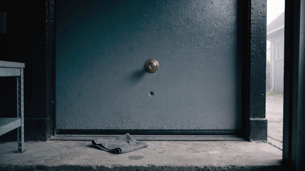 Painted steel garage-to-house door with a single knob bore and blank paint above where no deadbolt was cut