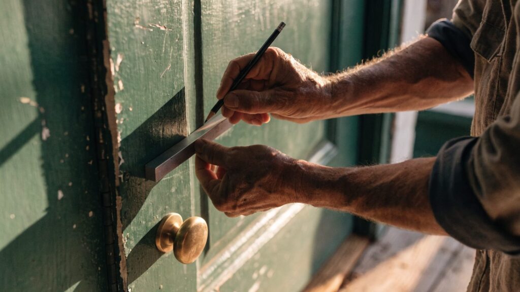 Hands marking a pencil line with a combination square on a wooden back door above an existing brass knob