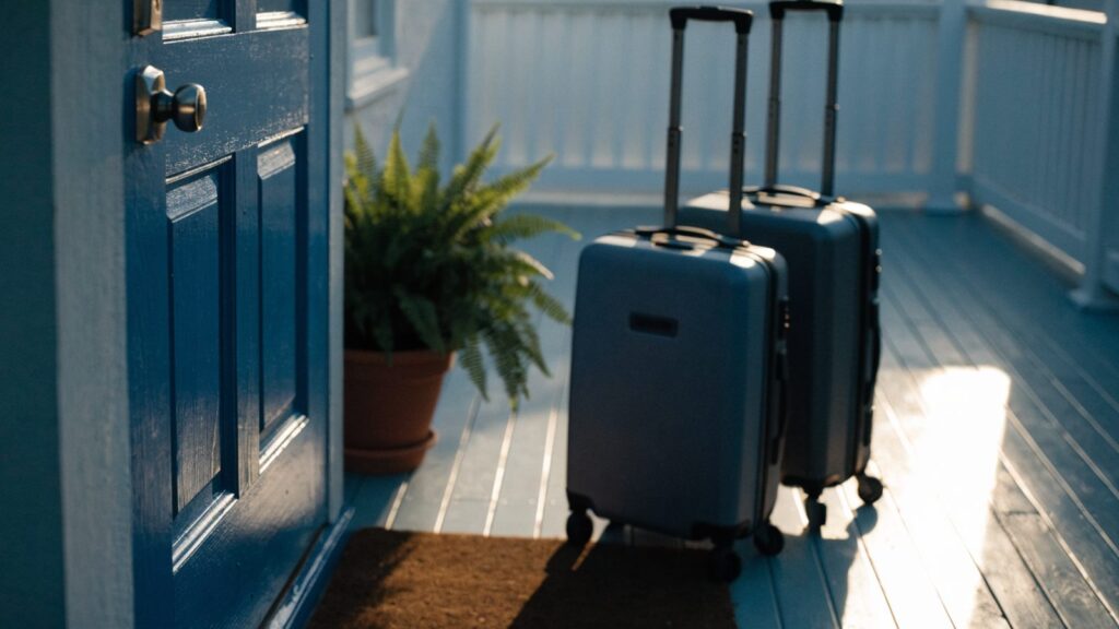 Two wheeled suitcases on the mat of a blue rental door fitted with a keypad deadbolt