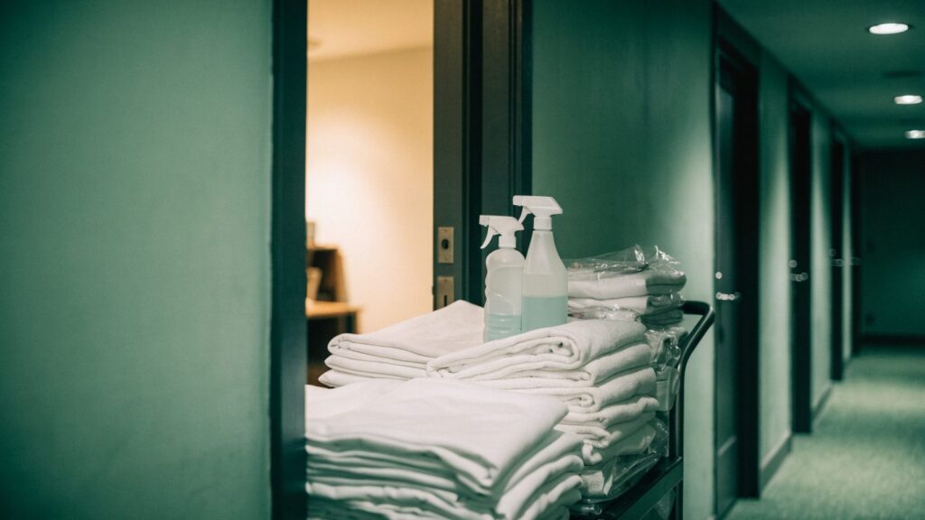 Housekeeping cart stacked with folded linens parked beside an open rental door in a corridor