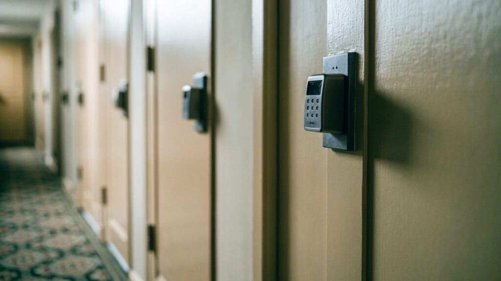 A keypad deadbolt on an apartment corridor door with identical doors receding behind