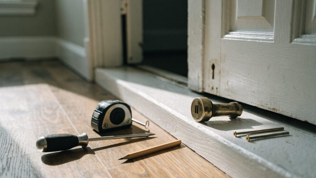 A screwdriver, tape measure and pencil on a door threshold beside a removed brass deadbolt
