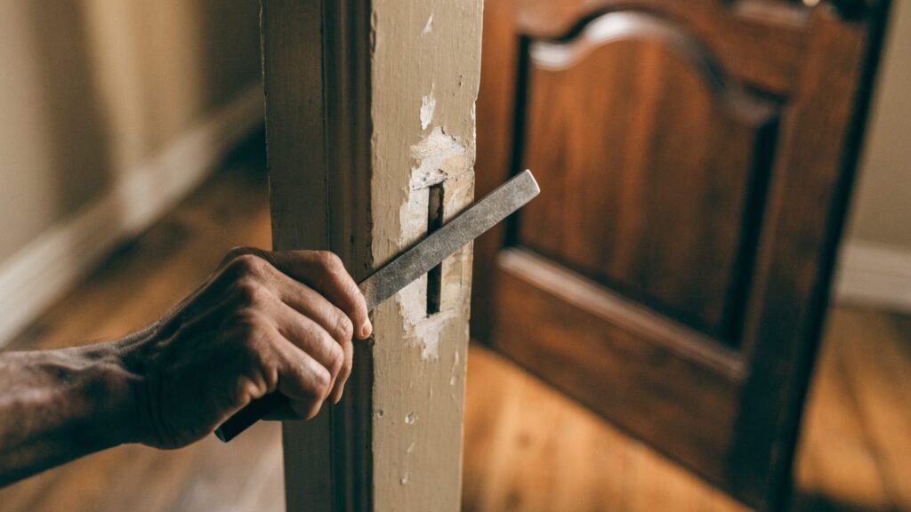 A hand filing the strike plate mortise on a door jamb worn bright where the bolt rubs