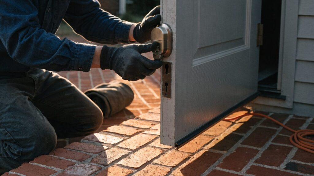 A kneeling tradesperson's gloved hands holding a deadbolt body against the edge of an open front door