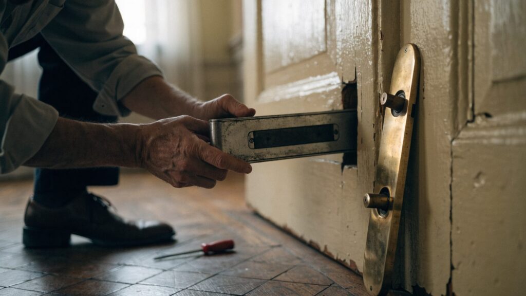 Hands easing a rectangular mortise lock case out of the edge of an old painted apartment door
