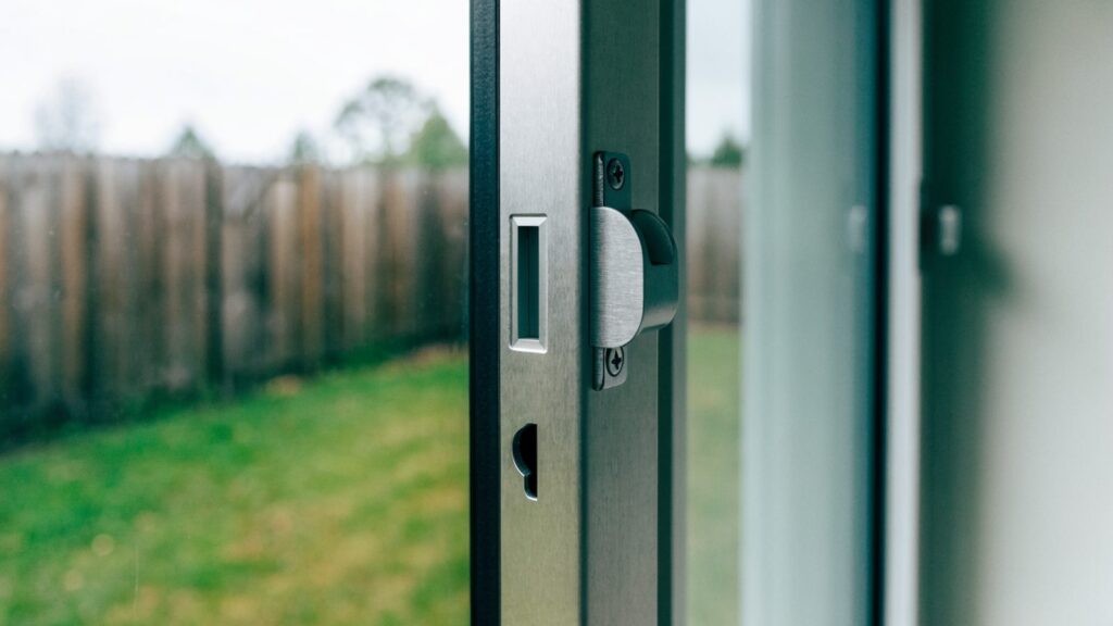 Close view of the narrow aluminum stile and recessed pull of a sliding patio door, garden blurred beyond