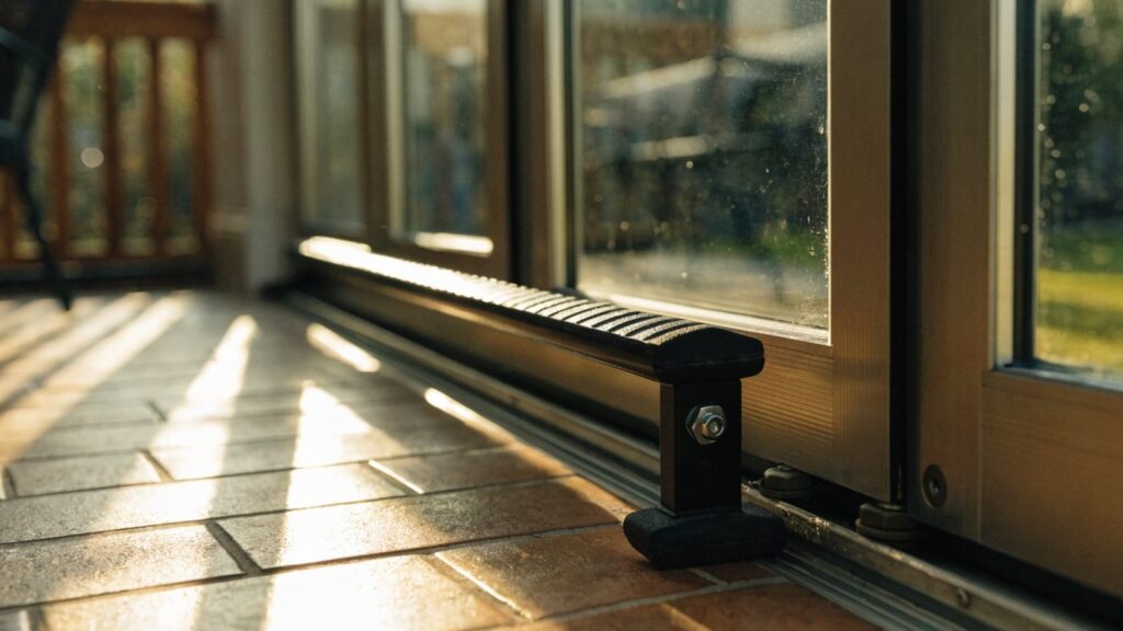 Steel security bar seated in the lower track of a sliding door, afternoon sun striping the tile floor