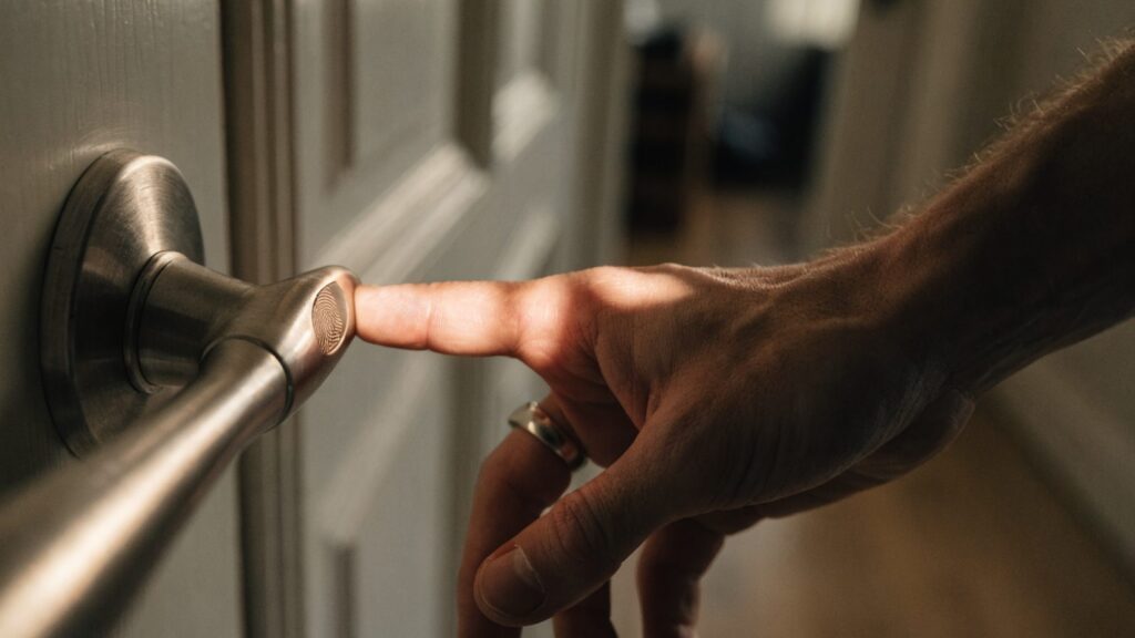 A thumb pressed onto a small oval fingerprint reader set into a door handle, lit by warm lamplight