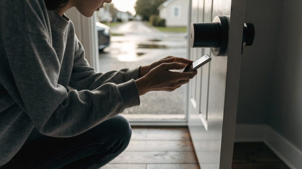 A woman kneeling by an open front door holding a phone close to the interior side of a smart deadbolt.
