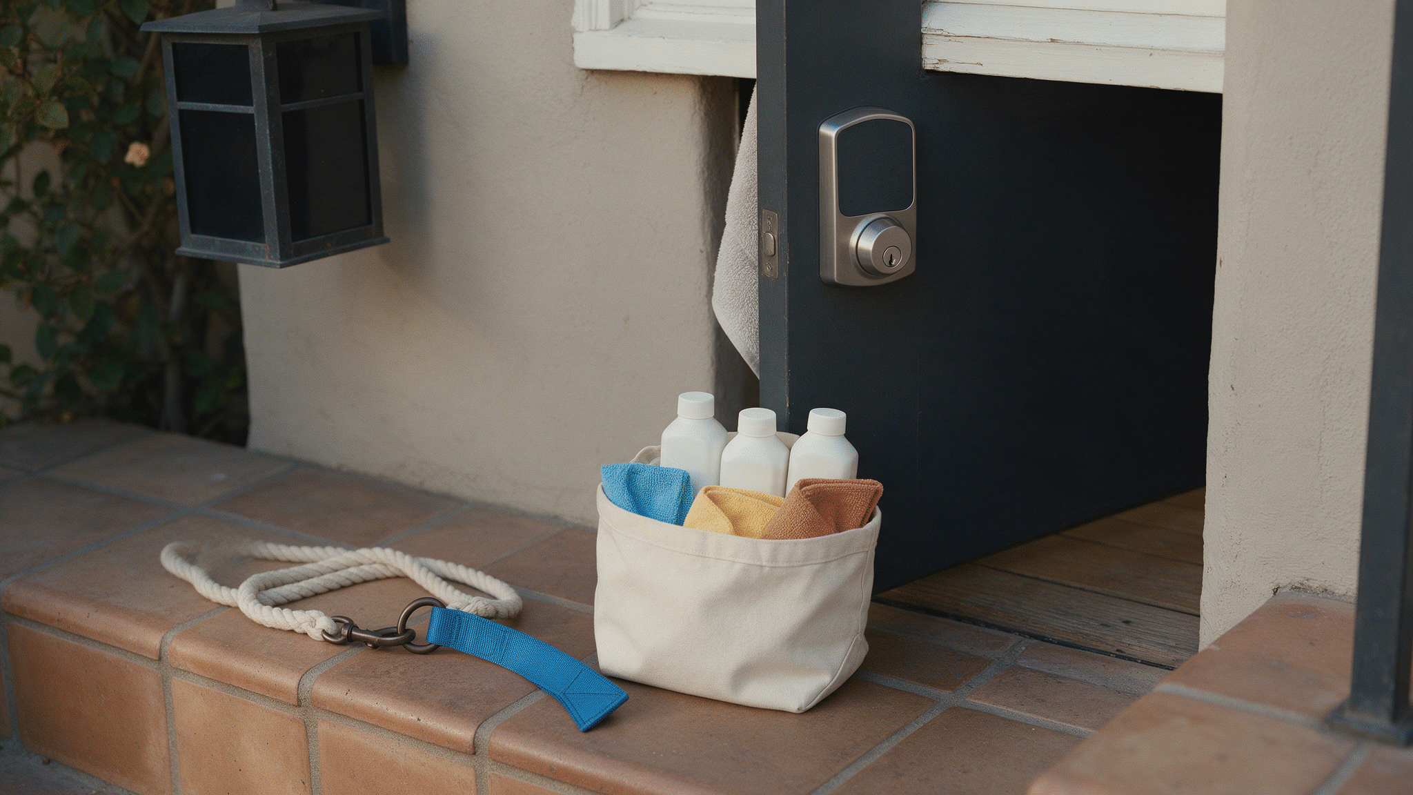 A dog leash and a canvas tote of cleaning supplies set on a porch step beside a keypad smart deadbolt front door.