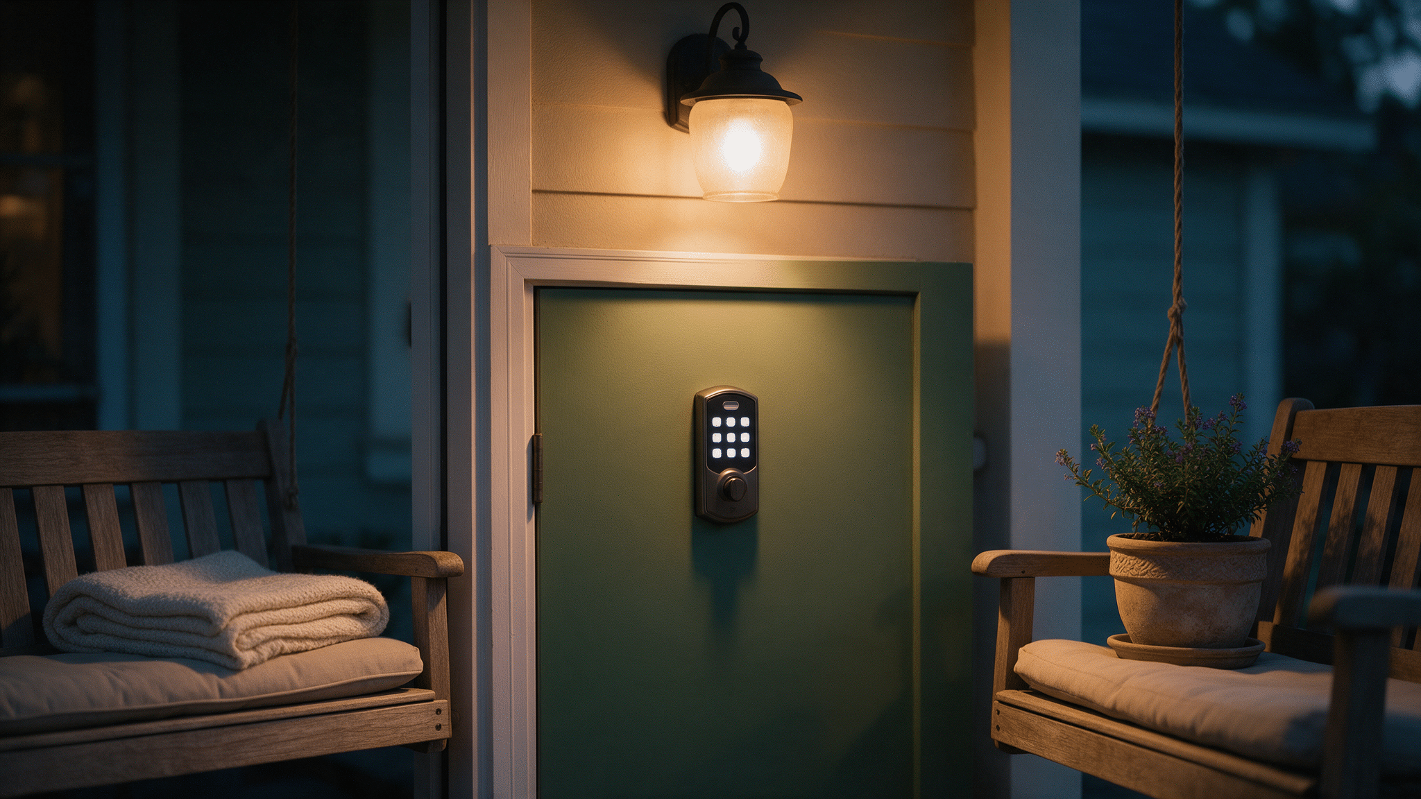 A porch light glowing at dusk above a keypad smart deadbolt front door, with a folded blanket and potted plant nearby.