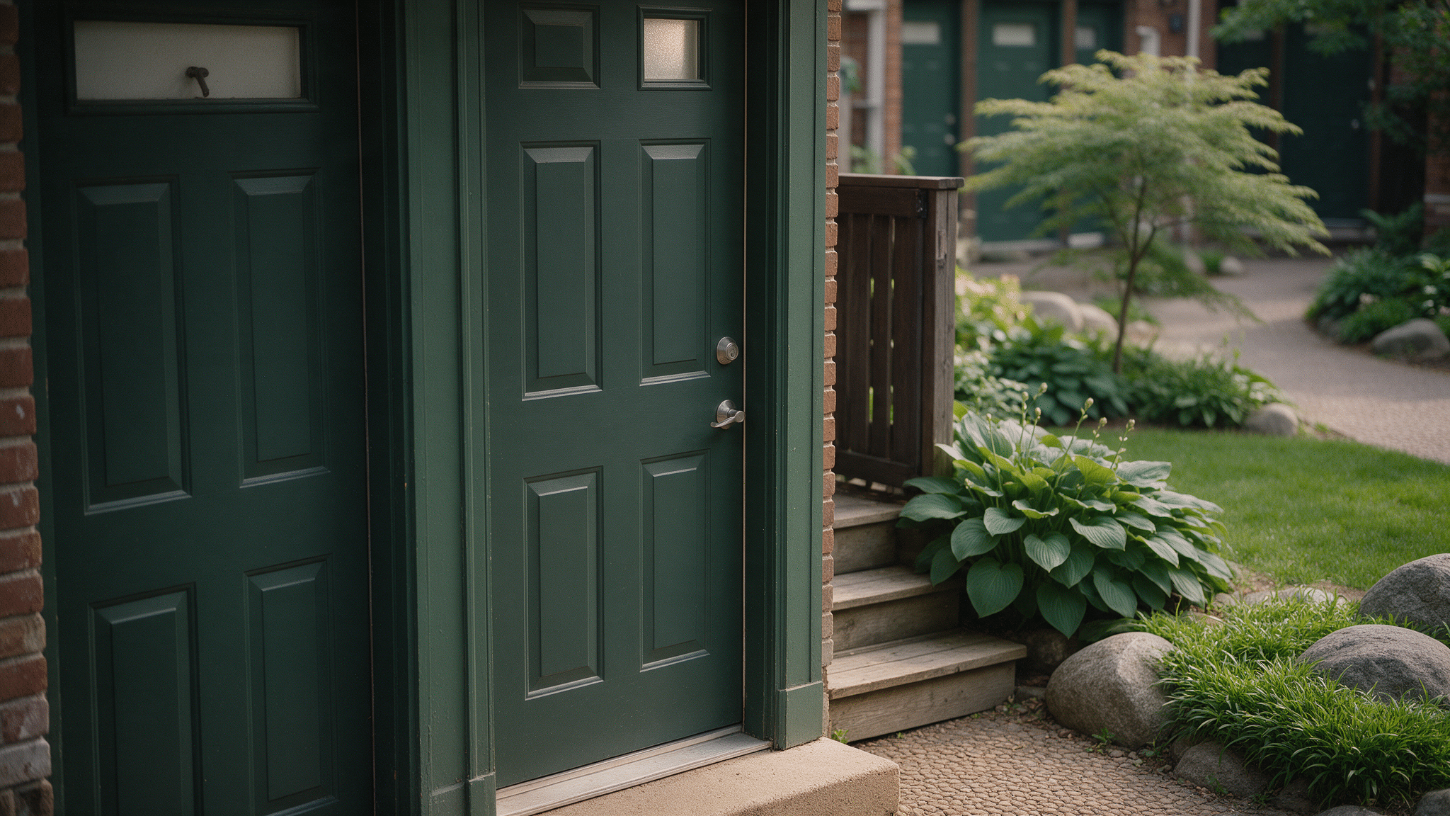 Dark green townhouse front door with a nickel deadbolt and lever, beside a neighbor's matching door and a small garden.