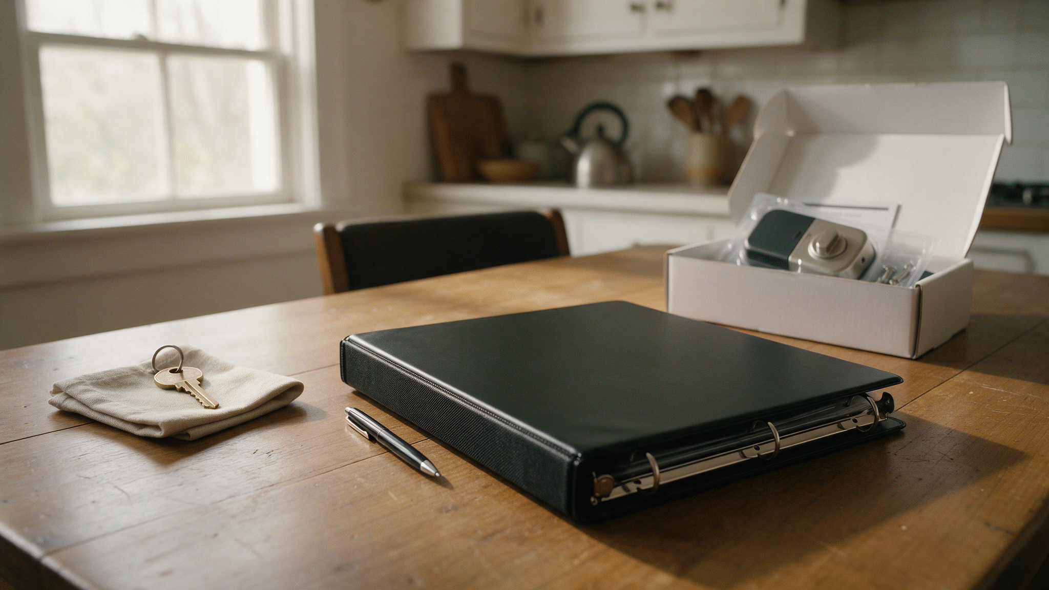 A closed black binder and a pen on a kitchen table, next to a brass key on a cloth and an opened smart deadbolt box.