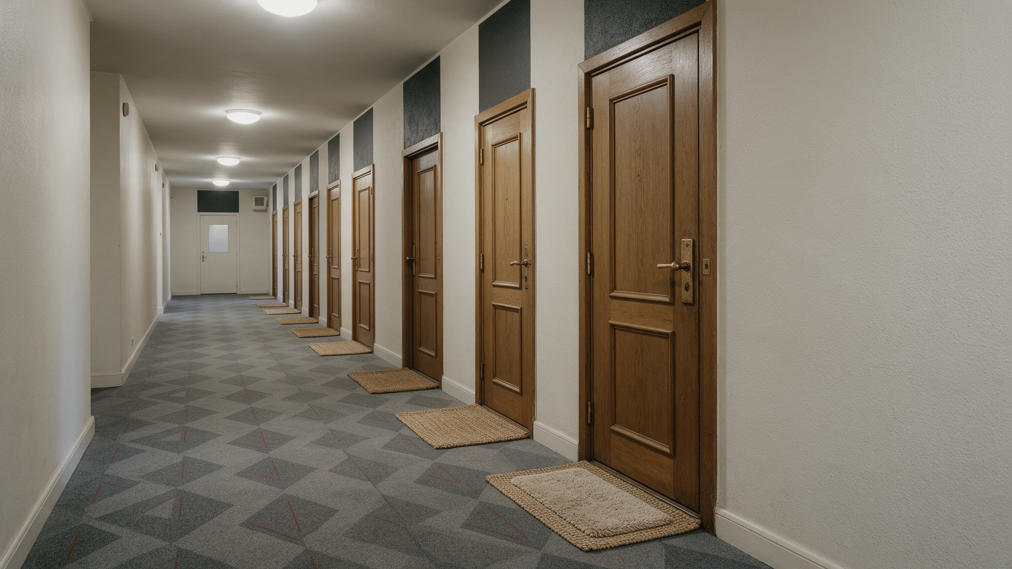 Long condominium hallway lined with identical wooden unit doors, each with a doormat, under flat ceiling lights.