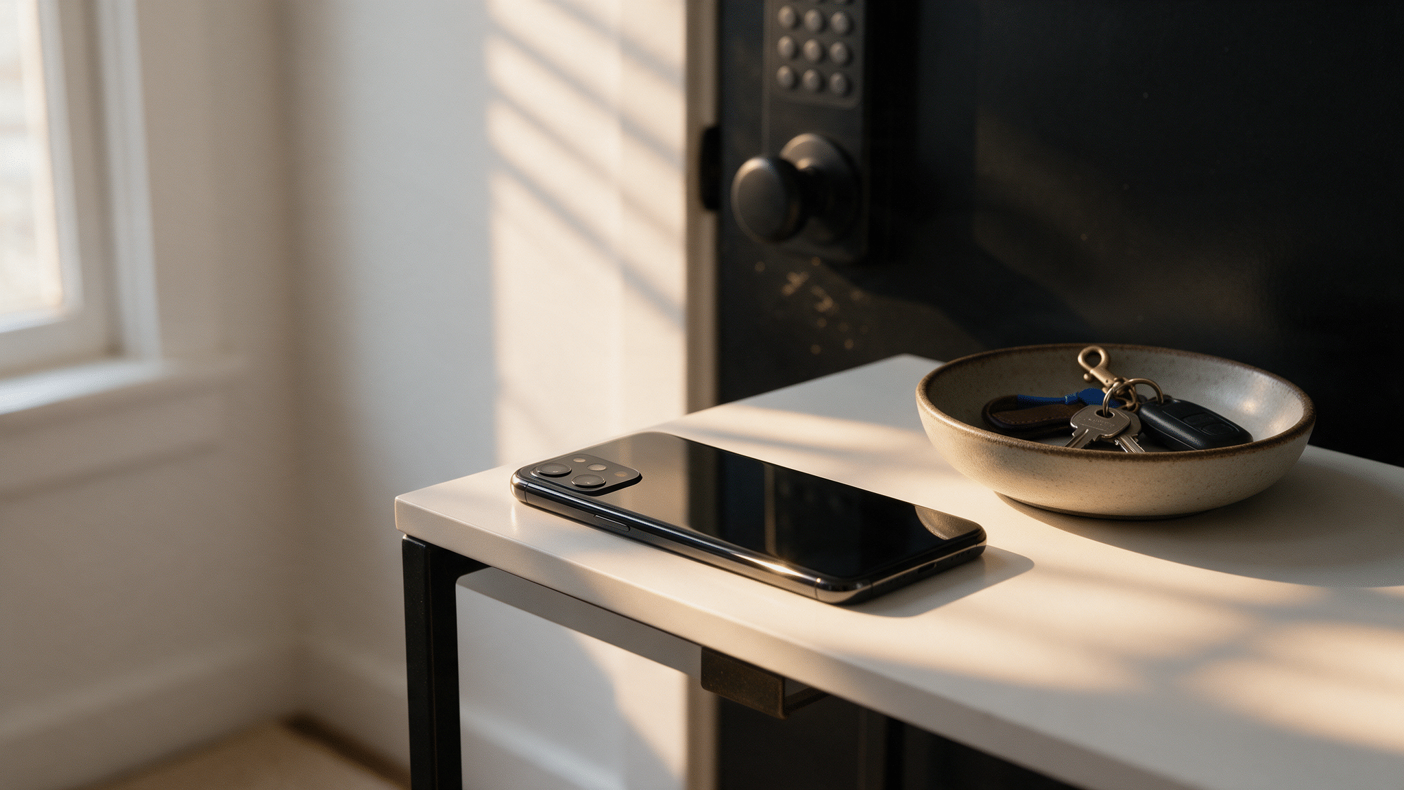 A smartphone resting screen-down on an entryway table beside a bowl of keys, a keypad smart deadbolt front door blurred in the background.