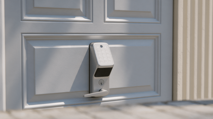 Keypad smart deadbolt mounted on a light gray front door in midday light.