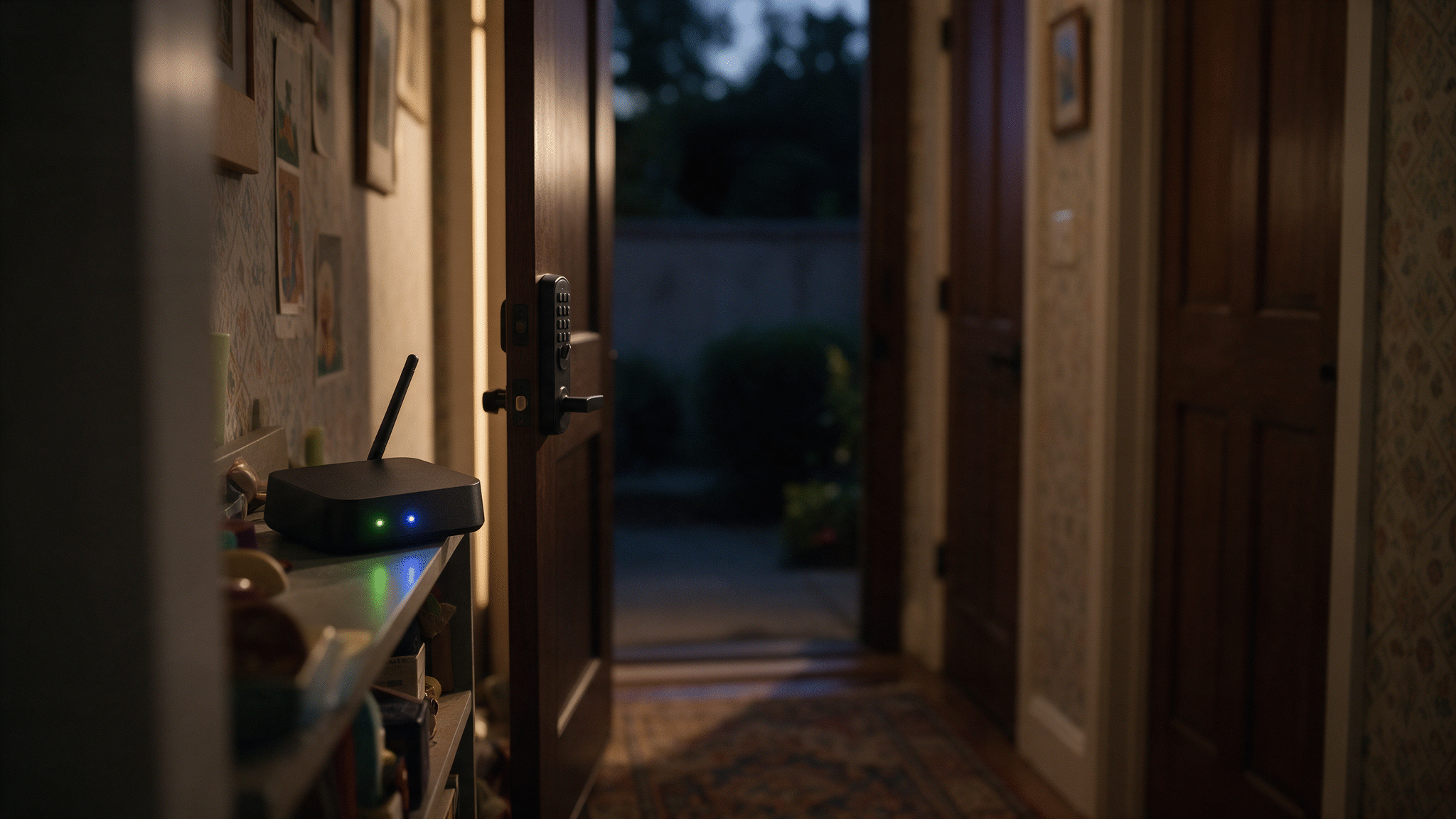 A small home automation hub with glowing indicator lights on a hallway shelf, a keypad smart deadbolt front door in soft focus down the corridor.